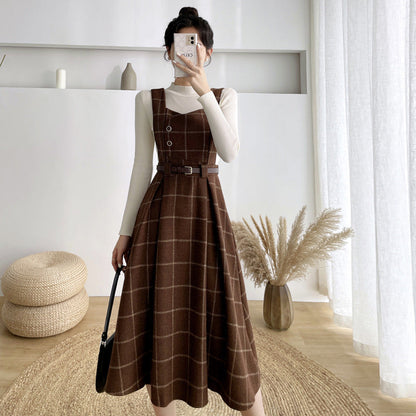 maoxiangshop-shop witch dress to impress New Vintage Plaid Woolen Vest Camisole Dress Women's Small Preppy Style Dress