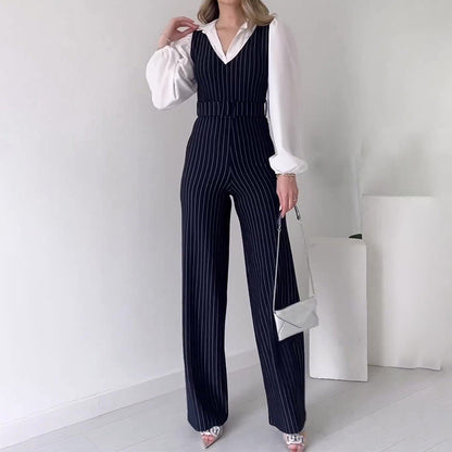 maoxiangshop-shop business casual outfits woman 2024 Women's Autumn Contrast Color Stitching Fashion High Waist Striped Straight Jumpsuit Women