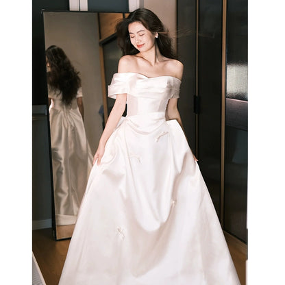 White satin one-word shoulder evening dress women's  new high-end texture engagement high-end light luxury niche dress