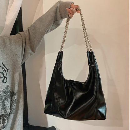 MAOXIANGSHOP 2025 Korean ins chain PU leather tote bag women's large capacity milk white soft underarm bag commuter handbag women