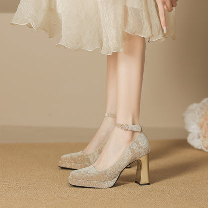 2025 8126-6 one-word square head thick heel Mary Jane shoes female Korean version fairy wind suede high heels waterproof table single shoes