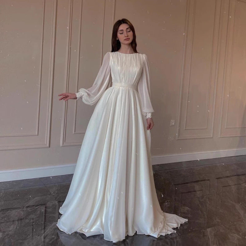 MAOXIANGSHOP 2025 Cross-border Hot Trade Spring and Autumn New Lantern Sleeve Pearlescent Dress White Wedding Dress Crew Neck Dress Long Sleeve Dress