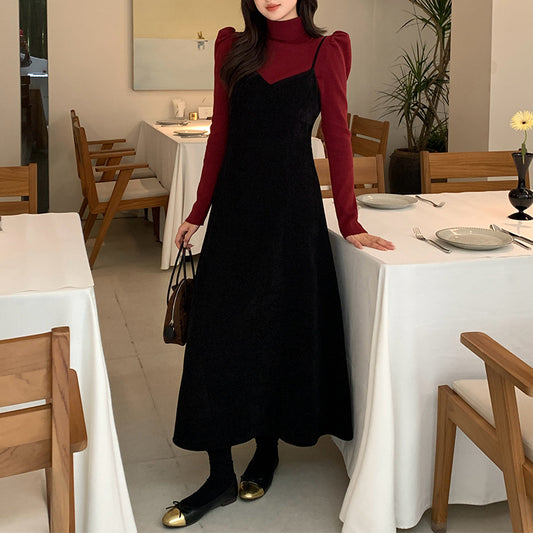 2025 popular autumn and winter new Korean version temperament versatile velvet suspender dress suspender long dress 88139