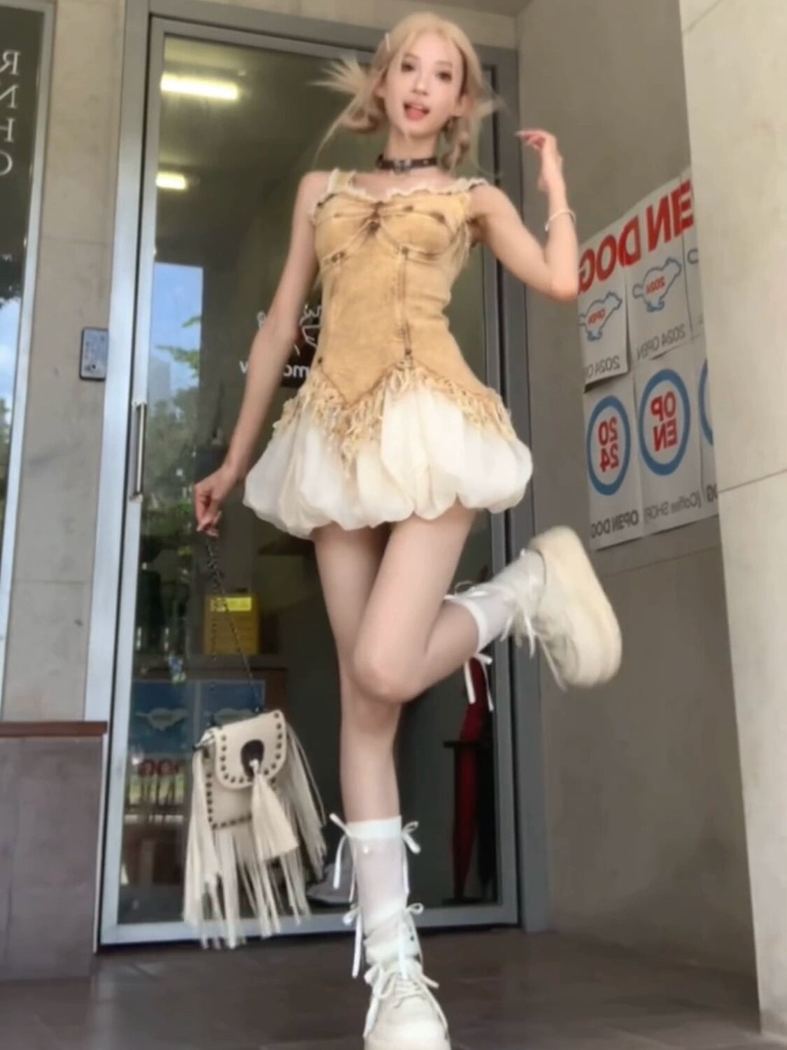 [Effervescent Summer] Spice Girl old retro denim sling vest  high-end thin bud tutu skirt