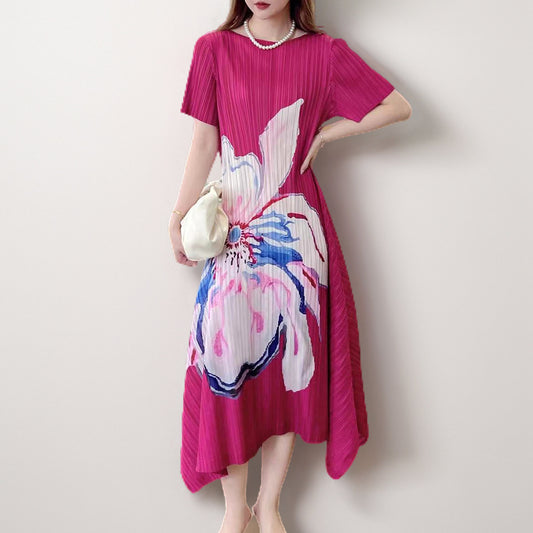 High-end dress large size female fat mm middle-aged mother dress printed loose short-sleeved a-word skirt thin pleated skirt