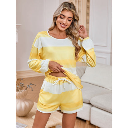 MAOXIANGSHOP 2025Real spot New Popularan beautiful women's long-sleeved striped top shorts casual suit loose pajamas large size women's clothing