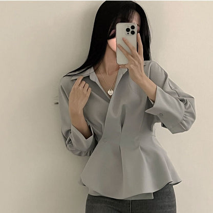 maoxiangshop-shop buisnesscore outfit women Spring and Autumn New Retro Waist-Tight Skirt Western Style Ruffled Design Sense Niche Long Sleeve Chic Shirt Top