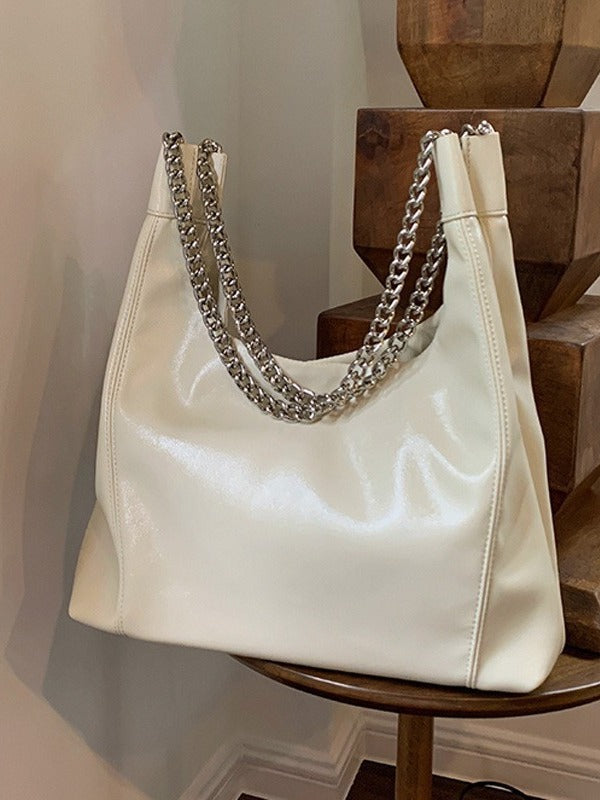 MAOXIANGSHOP 2025 Korean ins chain PU leather tote bag women's large capacity milk white soft underarm bag commuter handbag women