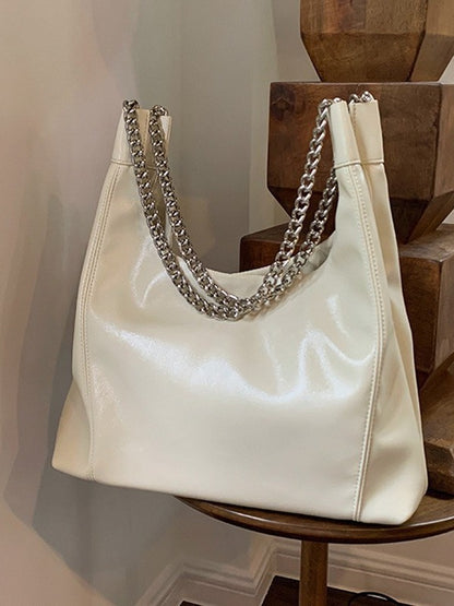 MAOXIANGSHOP 2025 Korean ins chain PU leather tote bag women's large capacity milk white soft underarm bag commuter handbag women