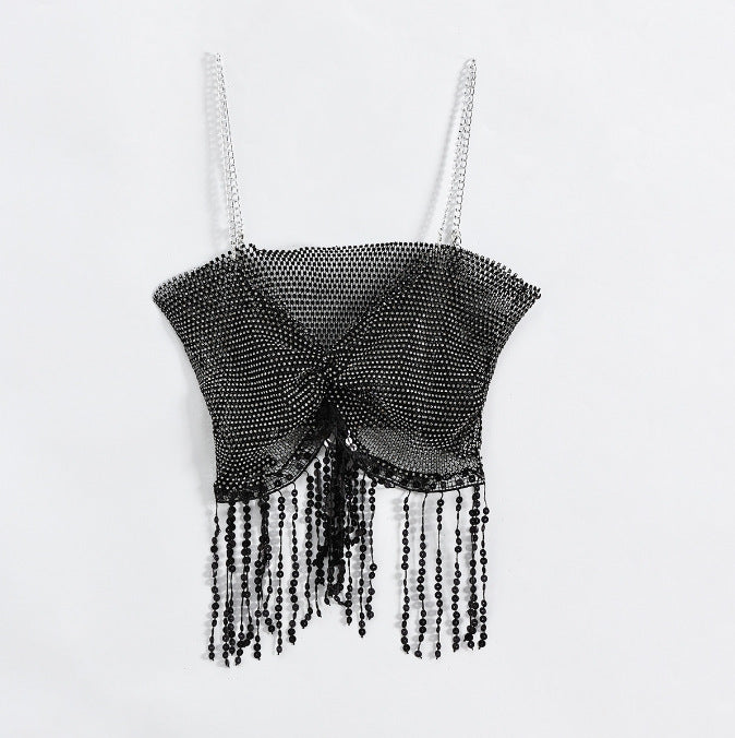 2025 XH233957  new fishing net rhinestone fringed beads metal chain small suspender sexy navel top women