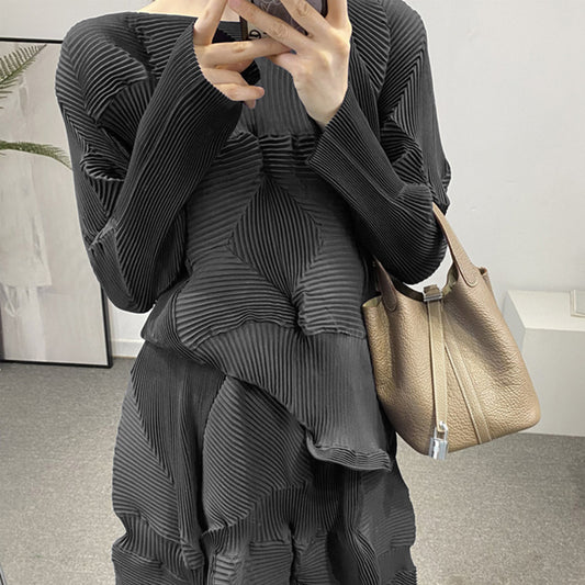 2025 Knitted sweater thin long-sleeved autumn new high-end round neck loose irregular fashion versatile  T-shirt top