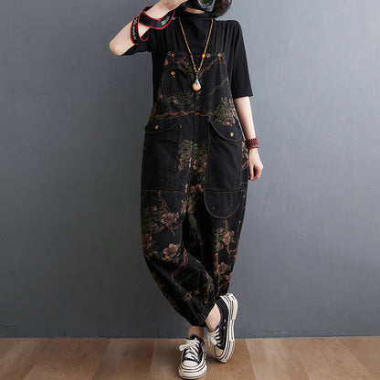 maoxiangshop grunge outfits plus Size Women's Printed Denim Suspender Pants Women's Spring and Autumn New Loose Large Pocket Casual Fashion Even Break Cropped Pants