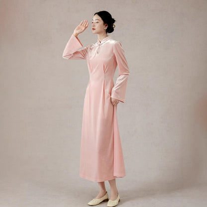 New Chinese style pink long-sleeved spring and summer velvet gentle wind dress improved cheongsam with A-shaped long dress A1129