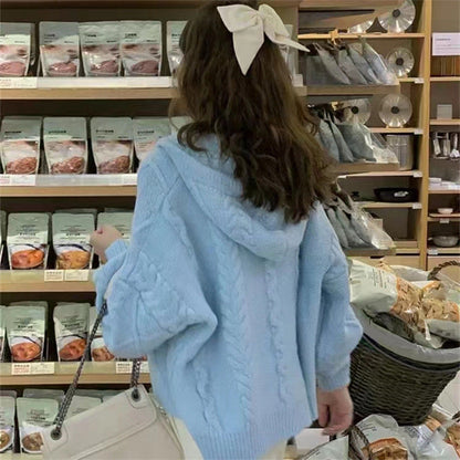 college fall outfits Hooded Horn Buckle Knitted Cardigan Coat Autumn Loose Outer Wear New Design Sense Lazy Style Sweater for Women