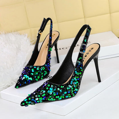 869-A22 2025 style banquet high heels women's shoes rear empty shoes shallow mouth pointed head hollow rear strap sequined single shoes