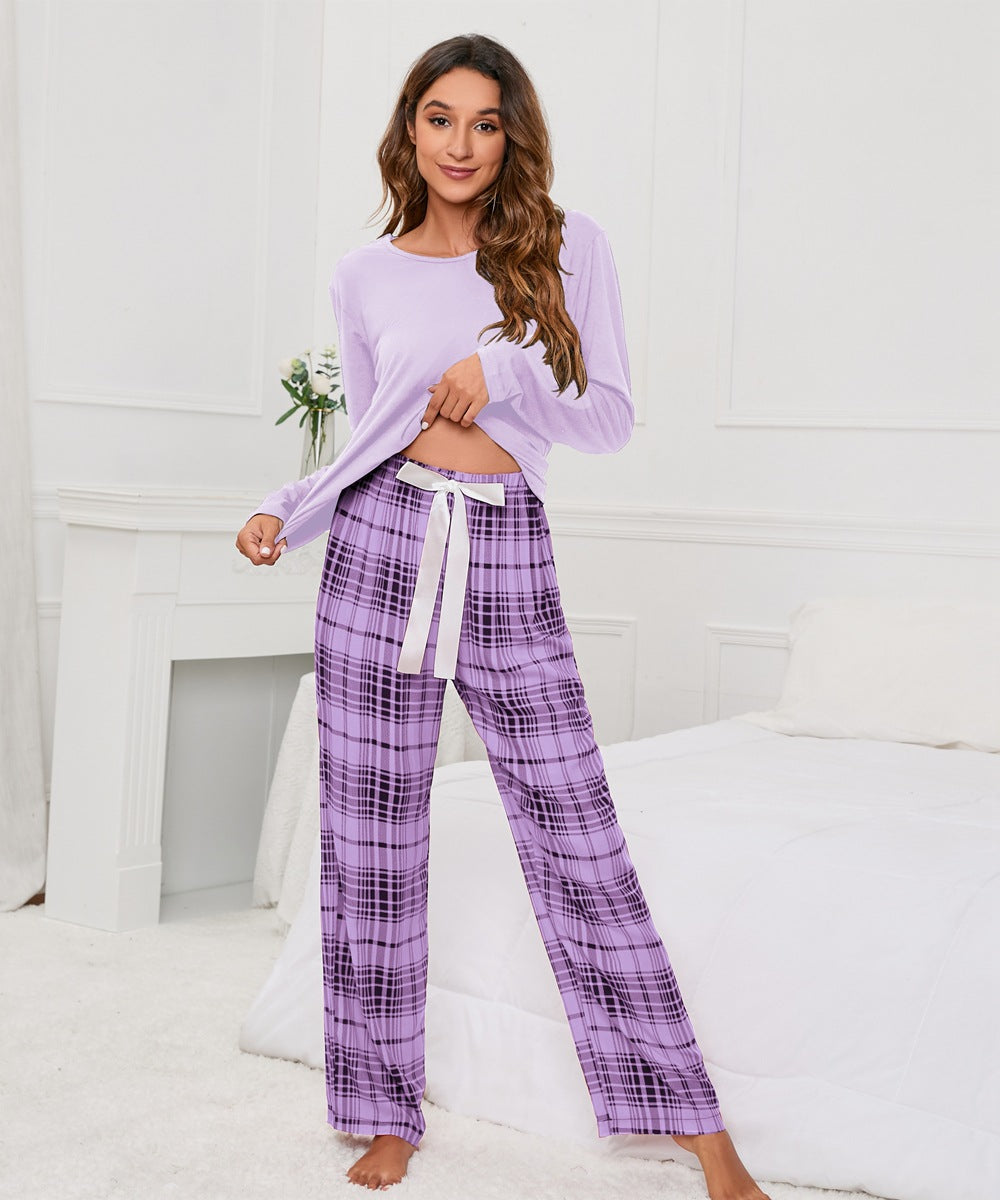 MAOXIANGSHOP 2025Real new products, 2025 New independent stations, solid color round neck T plaid printing women's casual set, loungewear pajamas, women