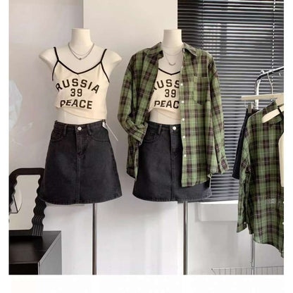 maoxiangshop-shop grunge outfits Women's White and Green Plaid Shirt, Large Loose Plaid Coat for Spring and Summer