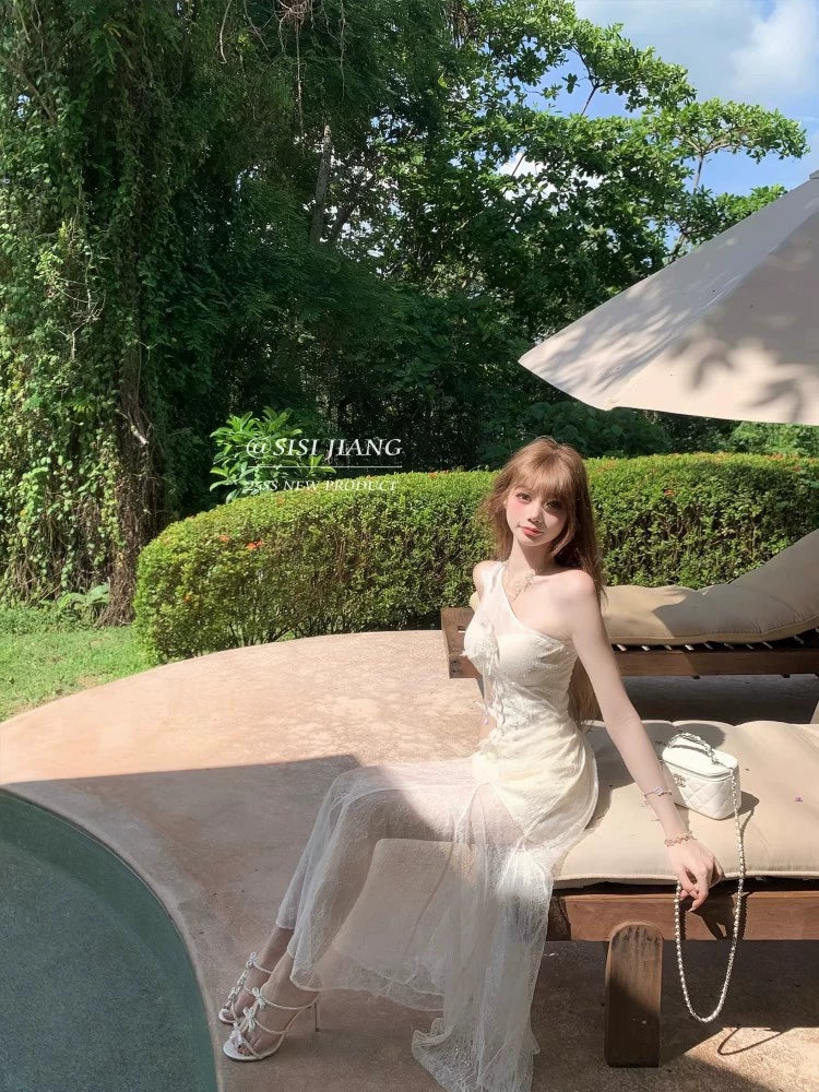 heavy industry three-dimensional flower mesh dress women's summer new Korean pure desire temperament waist suspender fishtail dress