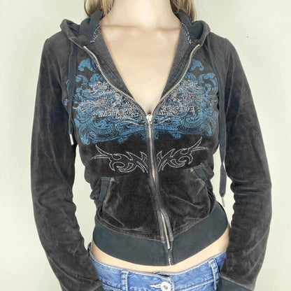 maoxiangshop 2000s fashion Women's Wish Autumn and Winter New Printed Rhinestone Zipper Hooded Sweater