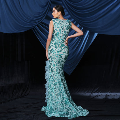 2025 high-end temperament sexy long sequined sleeveless V-neck banquet evening dress bridesmaid dress women