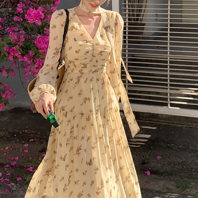 2025 Spring New  Temperament Printed Retro High Waist Long Sleeve Skinny Dress 88185