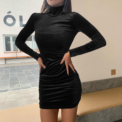 maoxiangshop-shop New Dress Women's Autumn and Winter Women's Clothing Long Sleeve Sexy Slim Fit Hot Girl Shrink Fold Suede