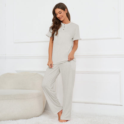 MAOXIANGSHOP 2025Real spot New new solid color V-neck buckle flower sleeve top tether trousers pajamas set loungewear, women
