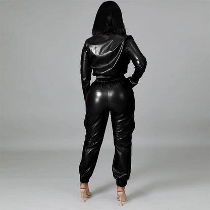 maoxiangshop-shop lookbook outfits Autumn and Winter Hot Sale Fashion Slim PU Leather Fleece Trousers 6 Pockets Tooling Suit Temperament Factory