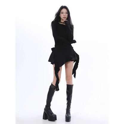 , 2025n Spice Girl high-elastic slim-fitting fungus edge streamer irregular medium and long-sleeved T-shirt bottoming shirt women
