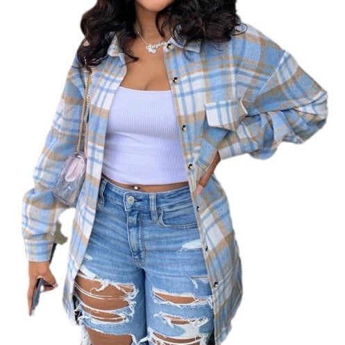 maoxiangshop outfit inspo Fall 2024 Women's Woolen Lapel Button Plaid Pocket Long-Sleeved Coat for Women