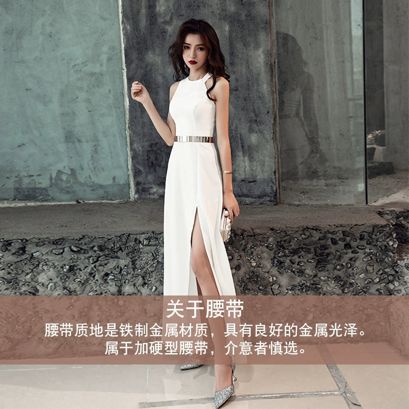 White evening dress skirt women  new banquet temperament simple and generous birthday party host can usually wear