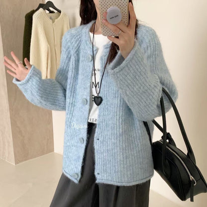 maoxiangshop-shop fall outfits 2024 Autumn New Gentle All-Match round Neck Large Button Knitted Cardigan Outer Wear Top Women's Loose Lazy Sweater Coat