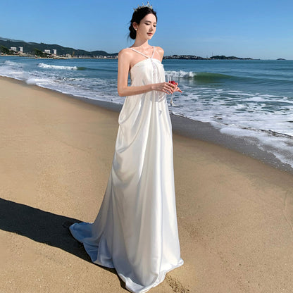 2025 satin tube top neck dress high-end morning robe toast dress temperament loose floor dress long dress