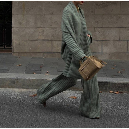 MAOXIANGSHOP 2025 Real shot -  autumn and winter wool suit women's autumn and winter high-end sense solid color v-neck sweater straight trousers two-piece set women