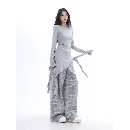 , 2025n Spice Girl high-elastic slim-fitting fungus edge streamer irregular medium and long-sleeved T-shirt bottoming shirt women