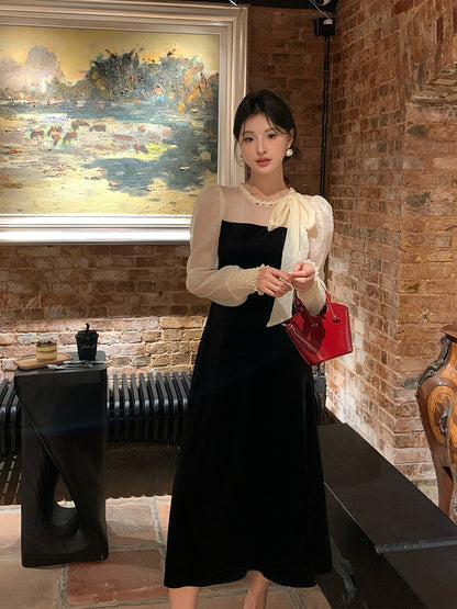 2025 popular autumn clothing new high waist temperament velvet lace-up dress high-end long dress children 88129