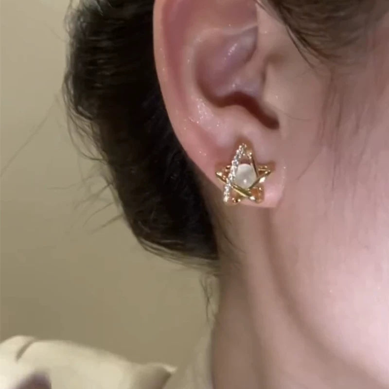Diamond-set opal pentagram star stud earrings temperament simple and versatile earrings niche design sense 925 silver needle earrings