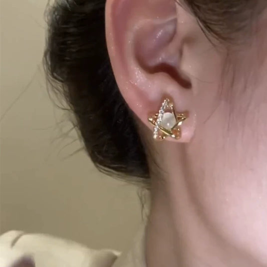 Diamond-set opal pentagram star stud earrings temperament simple and versatile earrings niche design sense 925 silver needle earrings