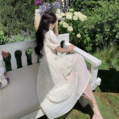 2025 retro crochet design round neck bubble short sleeve temperament elegant medium and long dress gentle first love dress