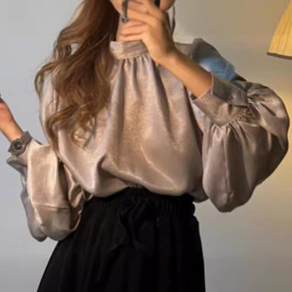 maoxiangshop 2000s fashion Spring and Autumn Korean-Style Fashionable Stand Collar Personalized All-Match Lantern Sleeve Satin Shirt Top for Women