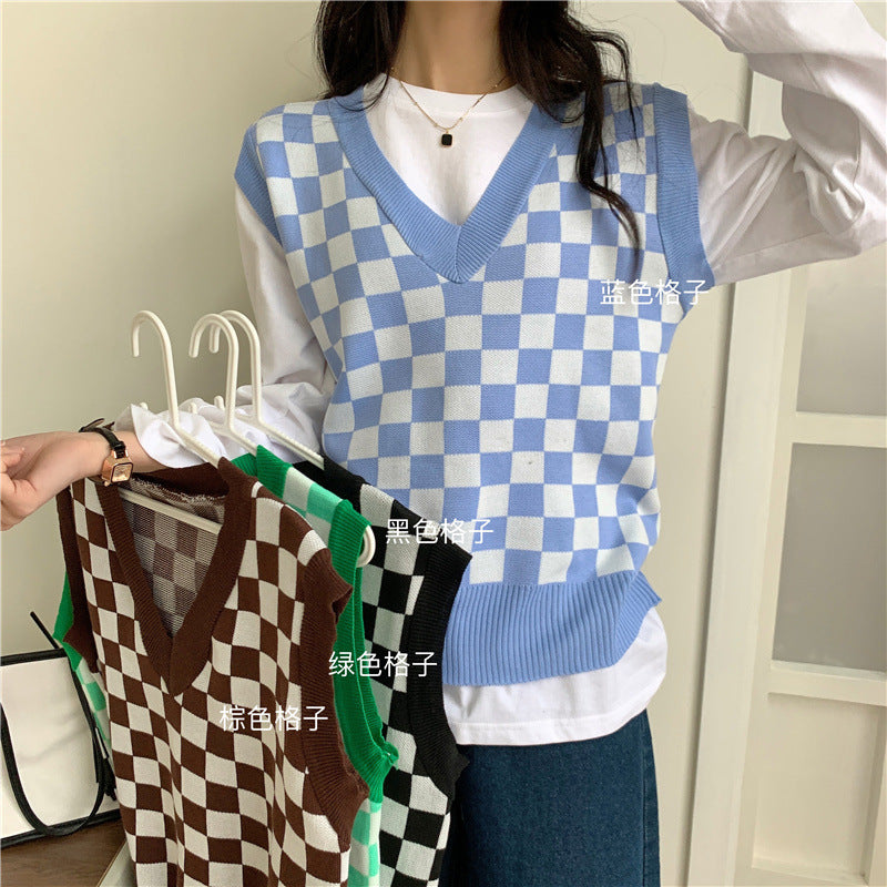 maoxiangshop-shop fall outfits black women 2024 Early Autumn New Slimming Chessboard Plaid Sweater V-neck Vest Loose Stacked Outer Sleeveless Vest for Women Fashion