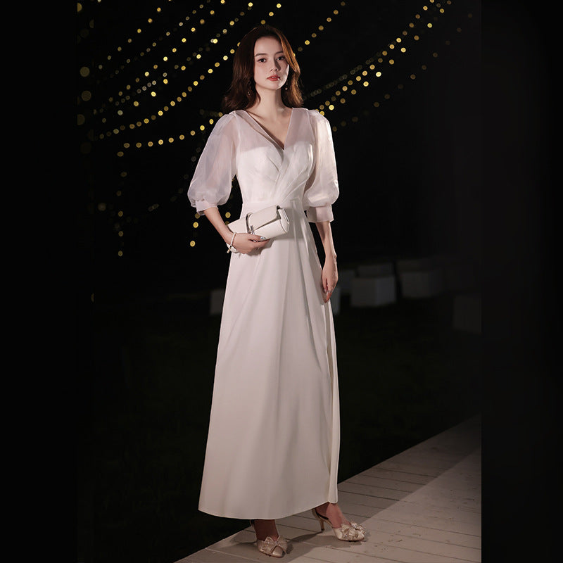 2025 White evening dress skirt women's light luxury niche high-end banquet socialite noble and elegant temperament annual meeting host birthday
