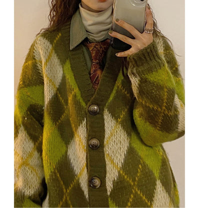 maoxiangshop-shop non binary outfits American Retro New Autumn and Winter Loose Green Rhombus Sweater Cardigan Coat Thickened Lazy Sweater for Women