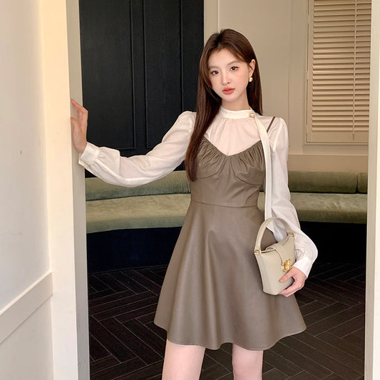 2025 popular autumn new Korean version temperament versatile suspender dress PU pure desire short leather skirt women 88119