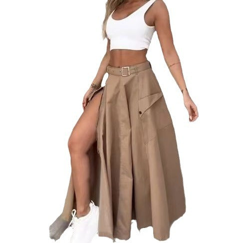 maoxiangshop set 2024 Women's Elegant Sleeveless Vest Solid Color Slit Belt Skirt Two-Piece Set