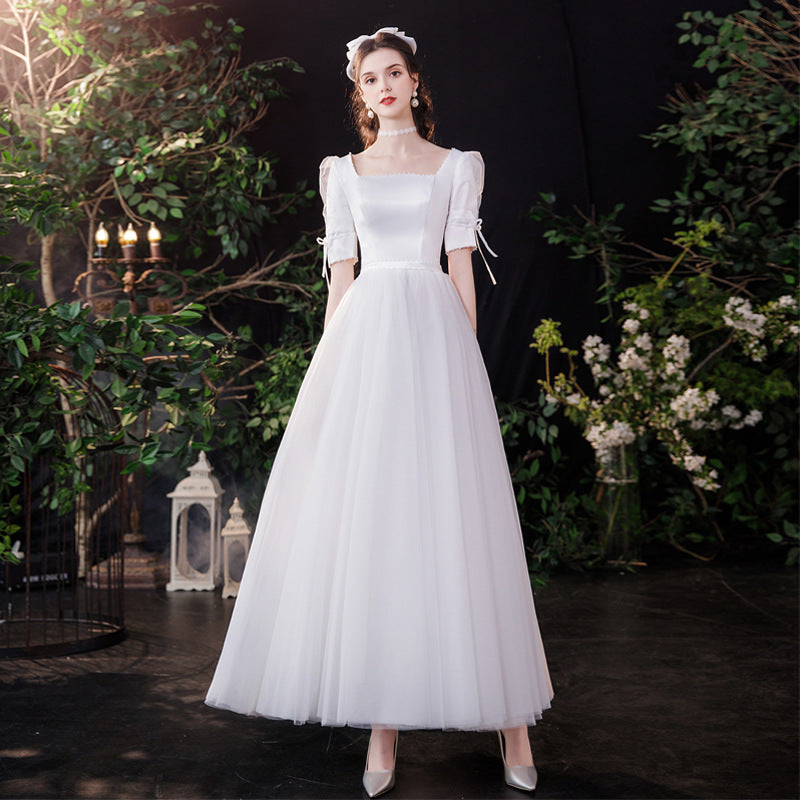2025 satin white square neck light wedding dress simple atmosphere A style temperament elegant and thin daily wear