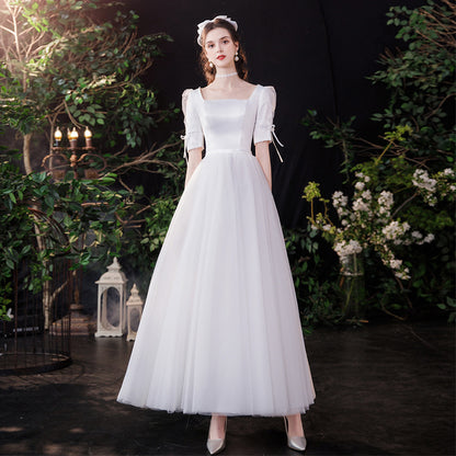 2025 satin white square neck light wedding dress simple atmosphere A style temperament elegant and thin daily wear