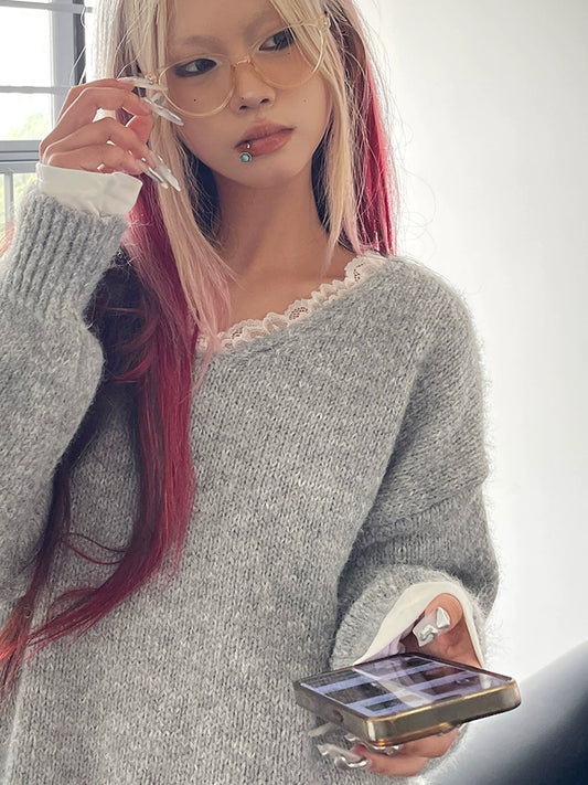Sweet Lazy Lace Splicing V-Neck Knitted Sweater Women's Autumn and Winter Pullover Loose and Skinny Outer Top