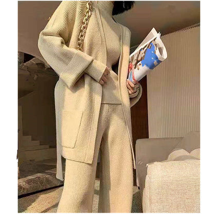 maoxiangshop business casual outfits Three-Piece Fashion Women's Knitted Suit Autumn and Winter Socialite Temperament Thickened Wide-Leg Pants Bottoming Sweater Cardigan Women's Clothing