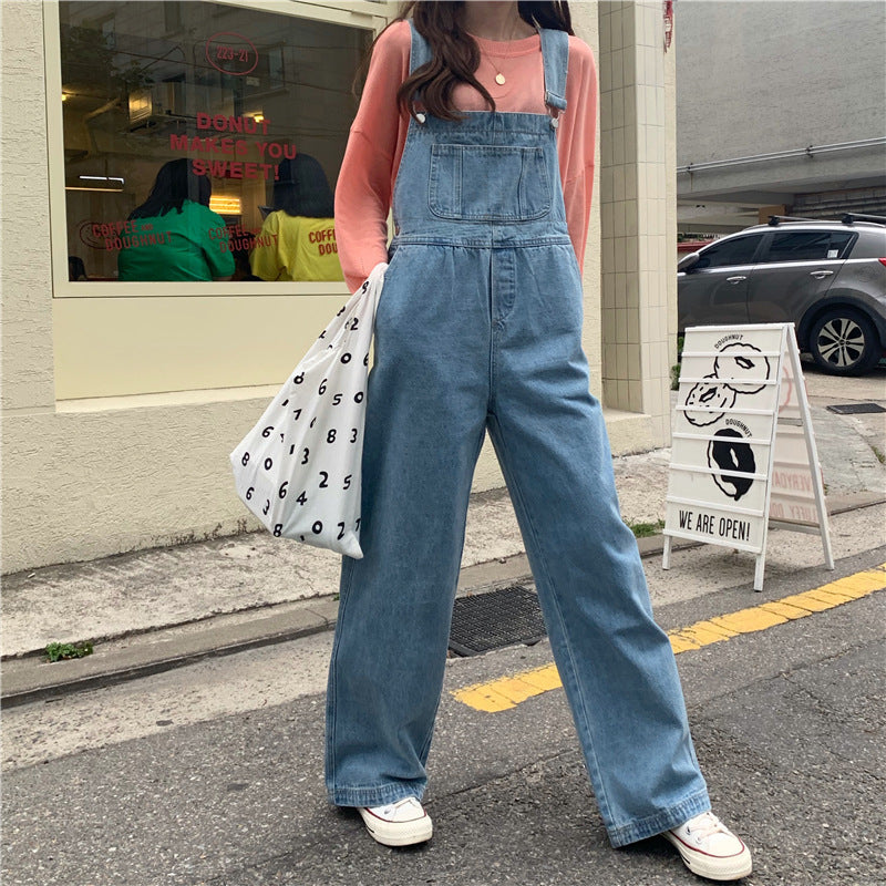 maoxiangshop pumpkin patch outfit Korean Style Denim Suspender Pants for Women 2024 Spring and Autumn New Loose High Waist Straight Wide Leg Draping Mop One-Piece Trousers